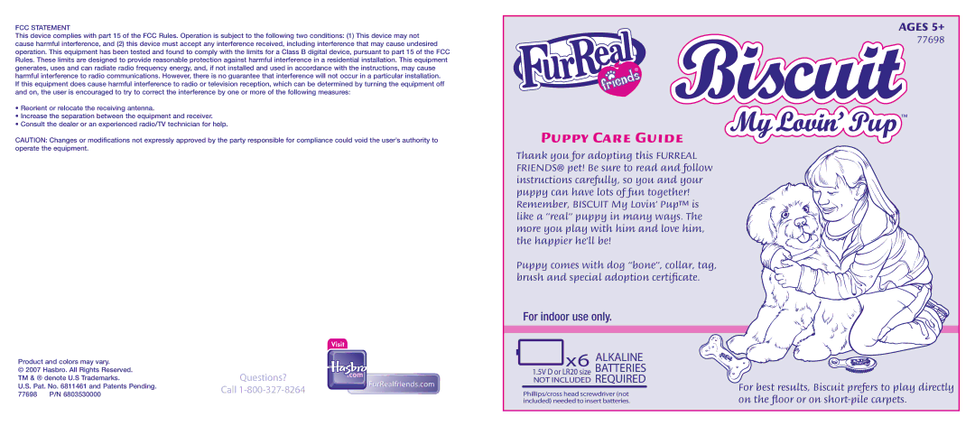 Hasbro 77698 manual Puppy Care Guide, FCC Statement 