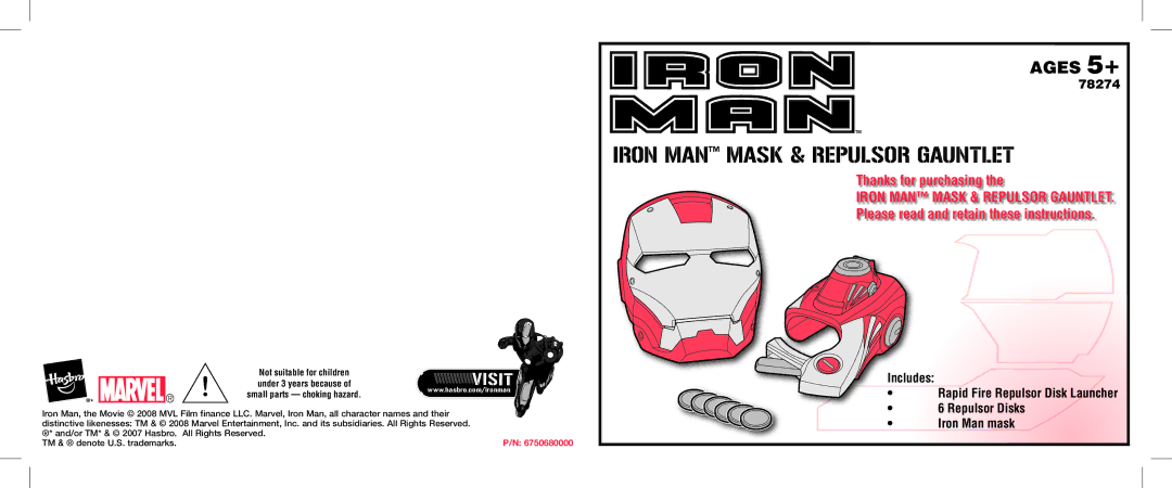 Hasbro 78274 manual Iron MAN Mask & Repulsor Gauntlet, Small parts choking hazard 