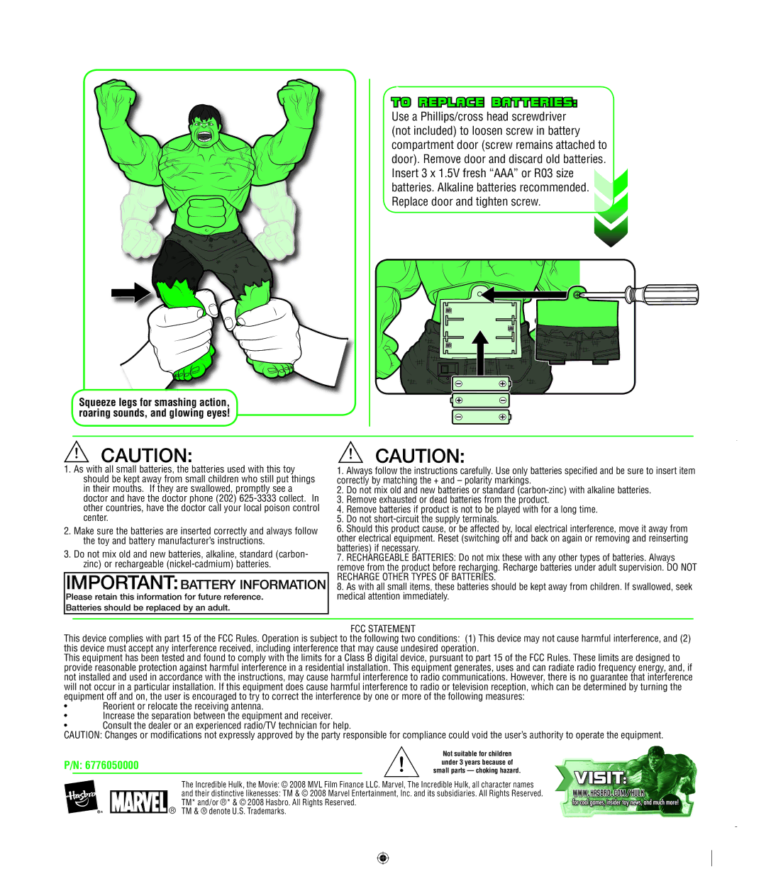 Hasbro 6776050000, 78287, 78286 manual To Replace Batteries, Importantbattery Information, FCC Statement 