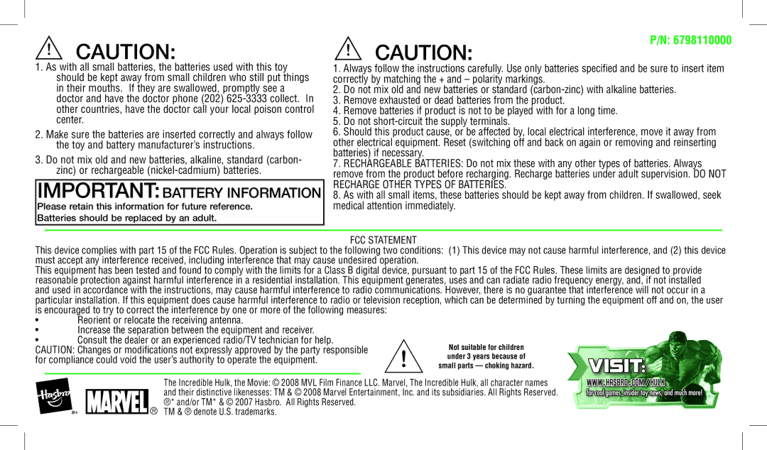 Hasbro 78350/78285 manual Importantbattery Information, FCC Statement 