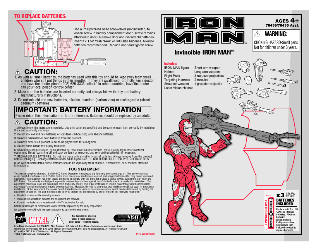 Hasbro 78435, 78436 manual Important Battery Information 