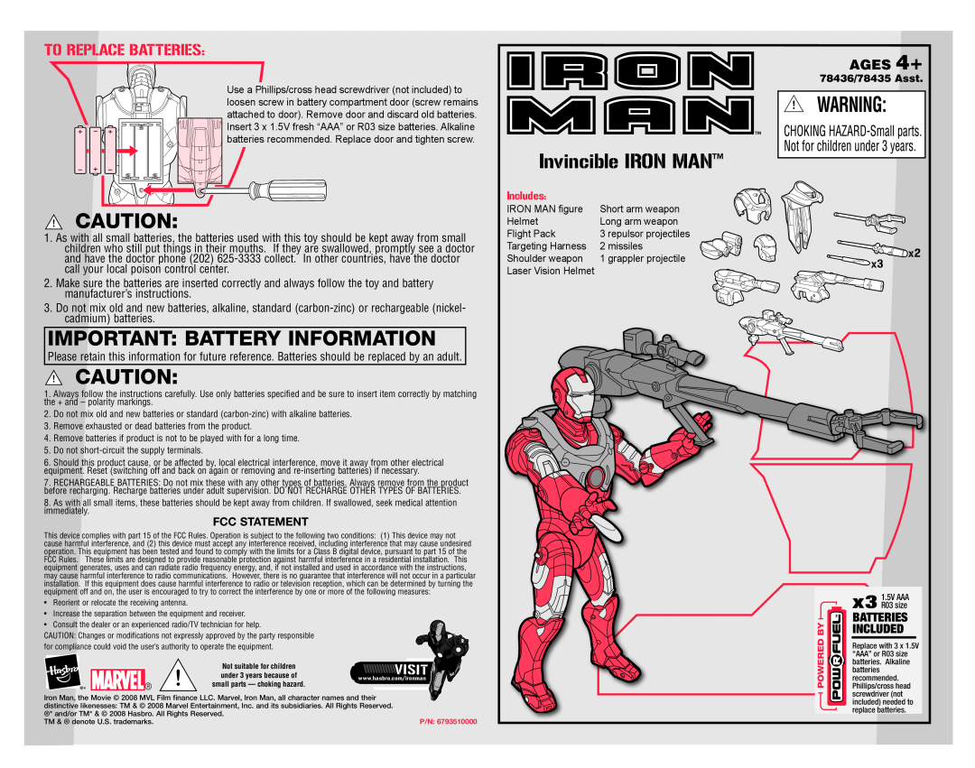 Hasbro 78435 manual To Replace Batteries, Important Battery Information, Invincible IRON MAN, AGES 4+, Visit, Includes 