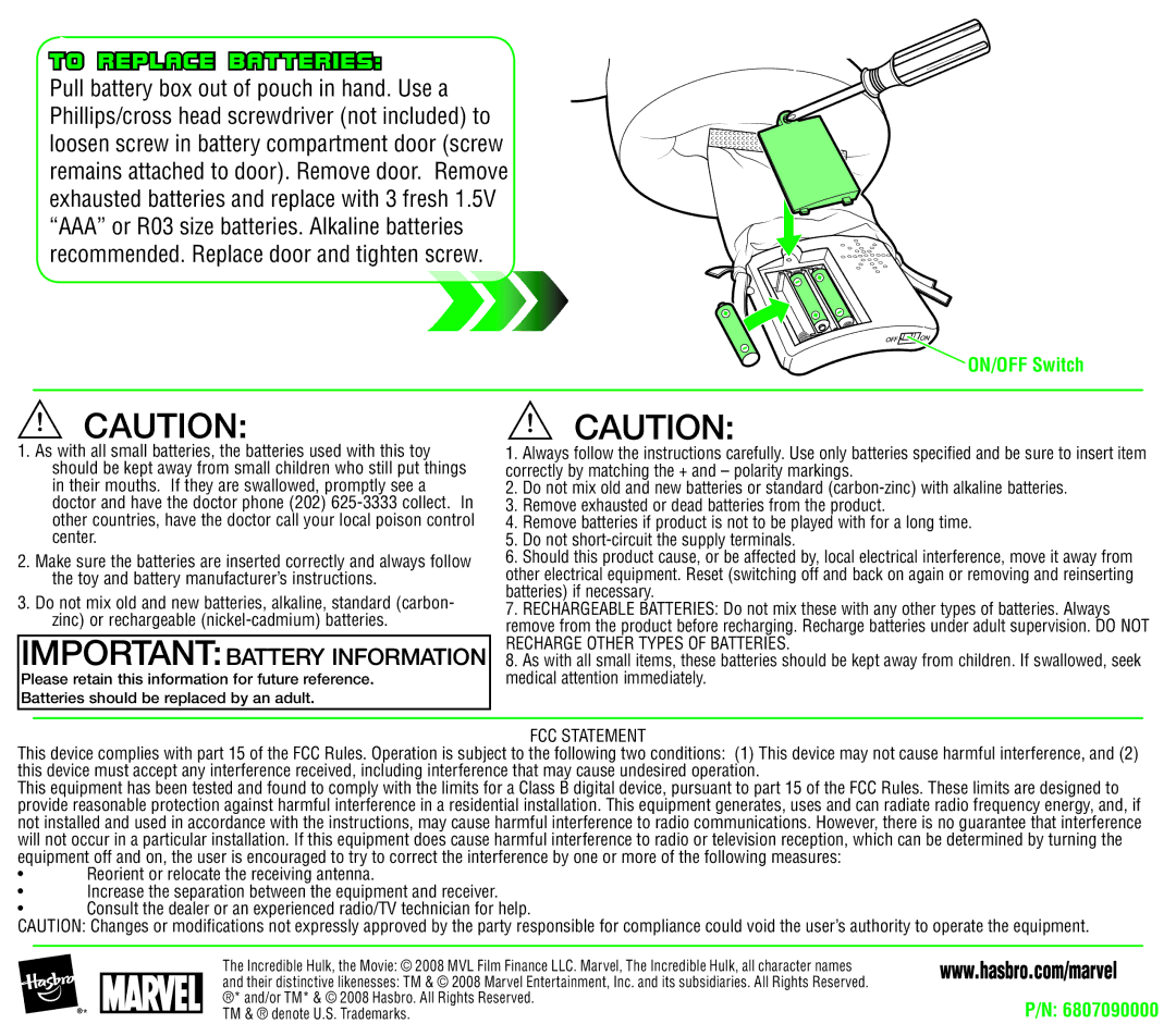 Hasbro 78441 manual To Replace Batteries, Importantbattery Information, ON/OFF Switch, FCC Statement 