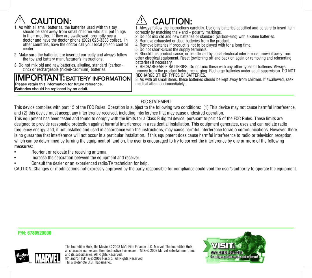 Hasbro 78442/78432 manual Importantbattery Information, FCC Statement 