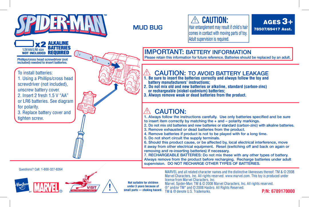 Hasbro 69417, 78507 manual Mud Bug, Important Battery Information, Batteries, Required 