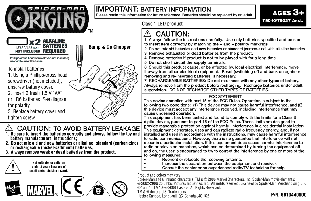 Hasbro 79040 manual Class 1 LED product, To install batteries, Using a Phillips/cross head, Screwdriver not included 