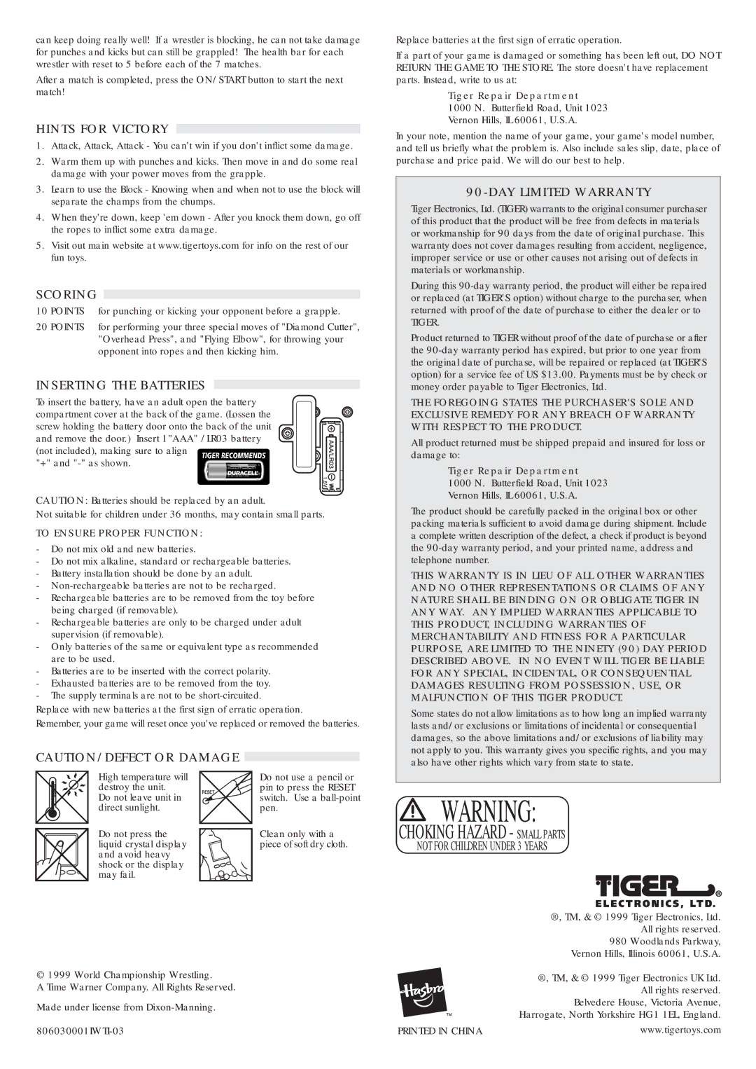 Hasbro 80-603 manual Hints for Victory, Scoring, Inserting the Batteries, DAY Limited Warranty, To Ensure Proper Function 