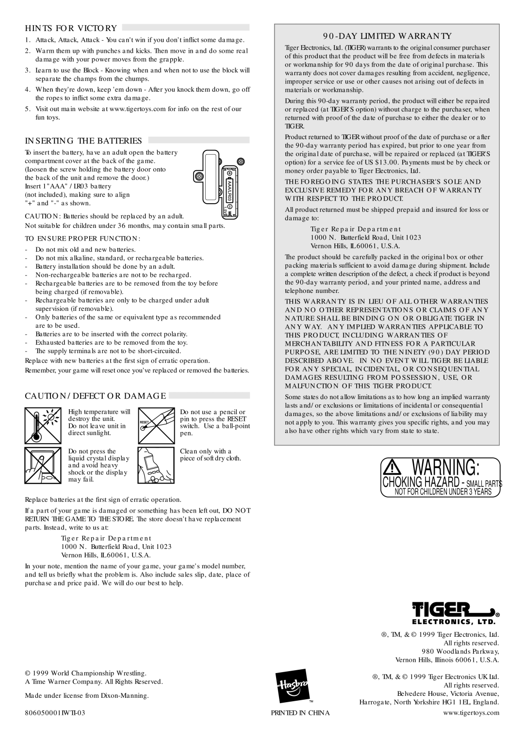 Hasbro 80-605 manual Hints for Victory, Inserting the Batteries, DAY Limited Warranty, To Ensure Proper Function 