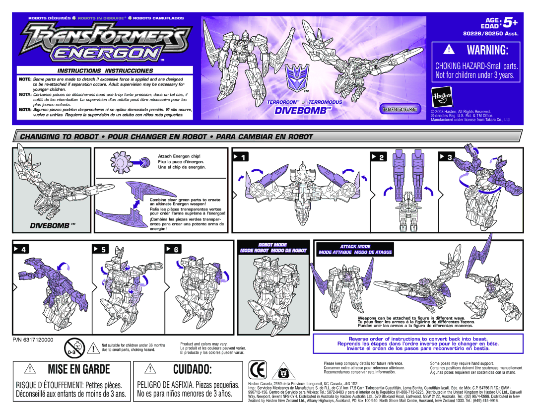 Hasbro 80250, 80226 manual Cuidado, Divebomb, Instructions Instrucciones 