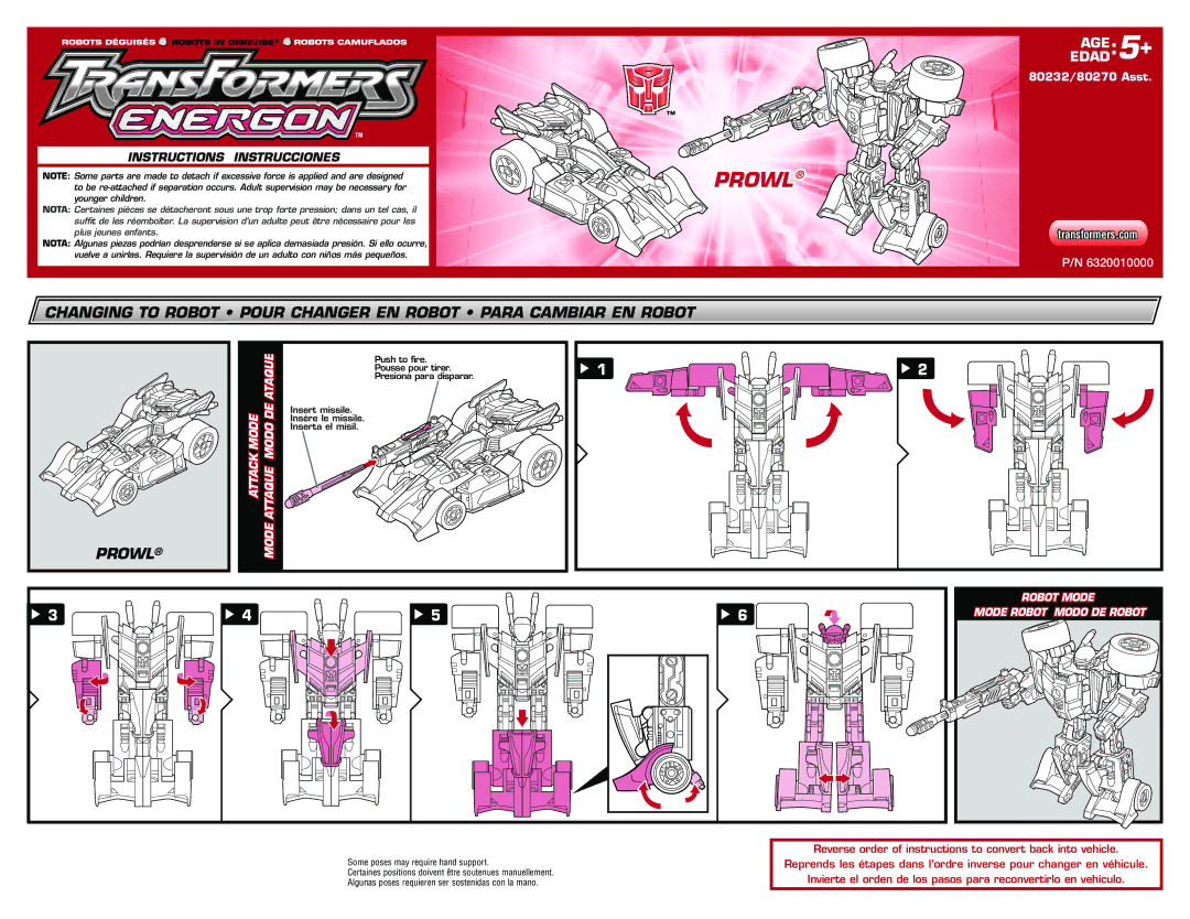 Hasbro 6320010000, 80232 manual Prowl, Transformers.com, Ataque, Mode 