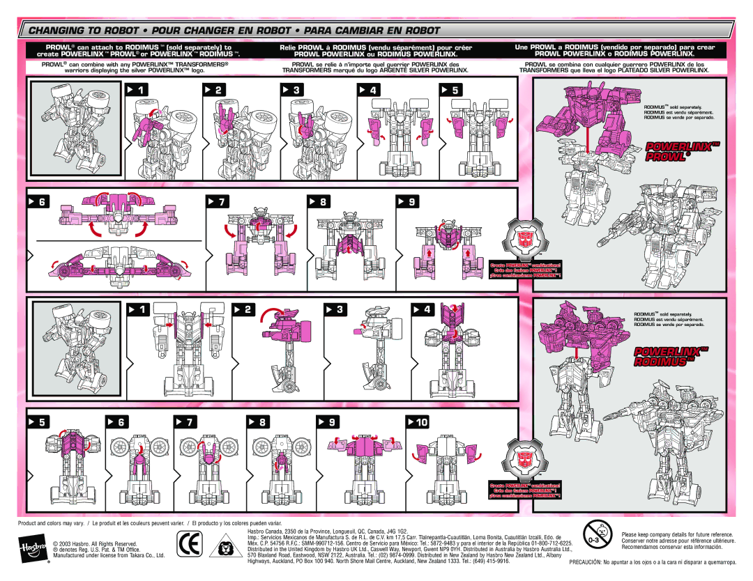 Hasbro 80232, 6320010000 manual Powerlinx TM Prowl, Powerlinx TM Rodimus TM, Recomendamos conservar esta información 