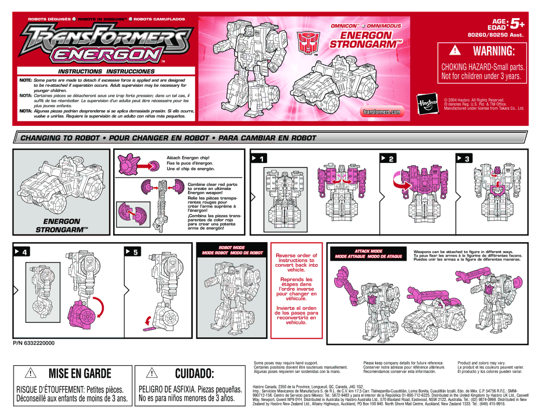 Hasbro 80260 manual Energon Strongarmtm, Instructions Instrucciones 