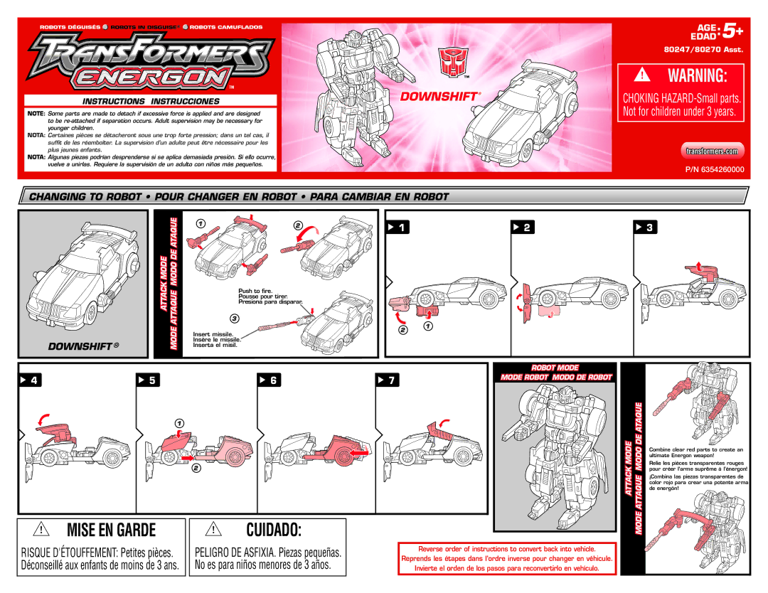 Hasbro 80247, 80270 manual Mise EN Garde, No es para niños menores de 3 años, Downshift, Cuidado 