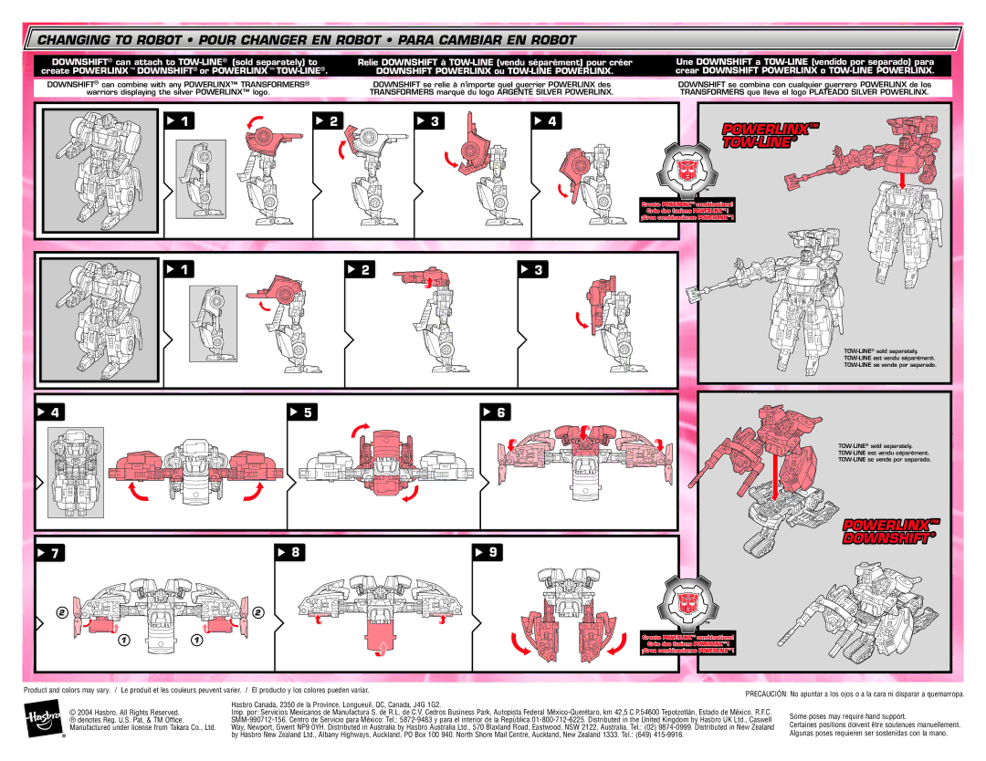 Hasbro 80270, 80247 manual Powerlinx TM TOW-LINE, Powerlinx TM Downshift, Some poses may require hand support 