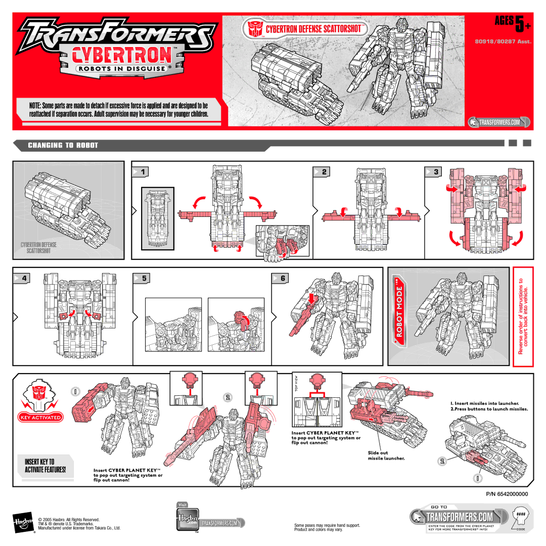 Hasbro 80918, 80287 manual Defense Scattorshot, Mode, Tbo, Insert KEY to Activate Features 