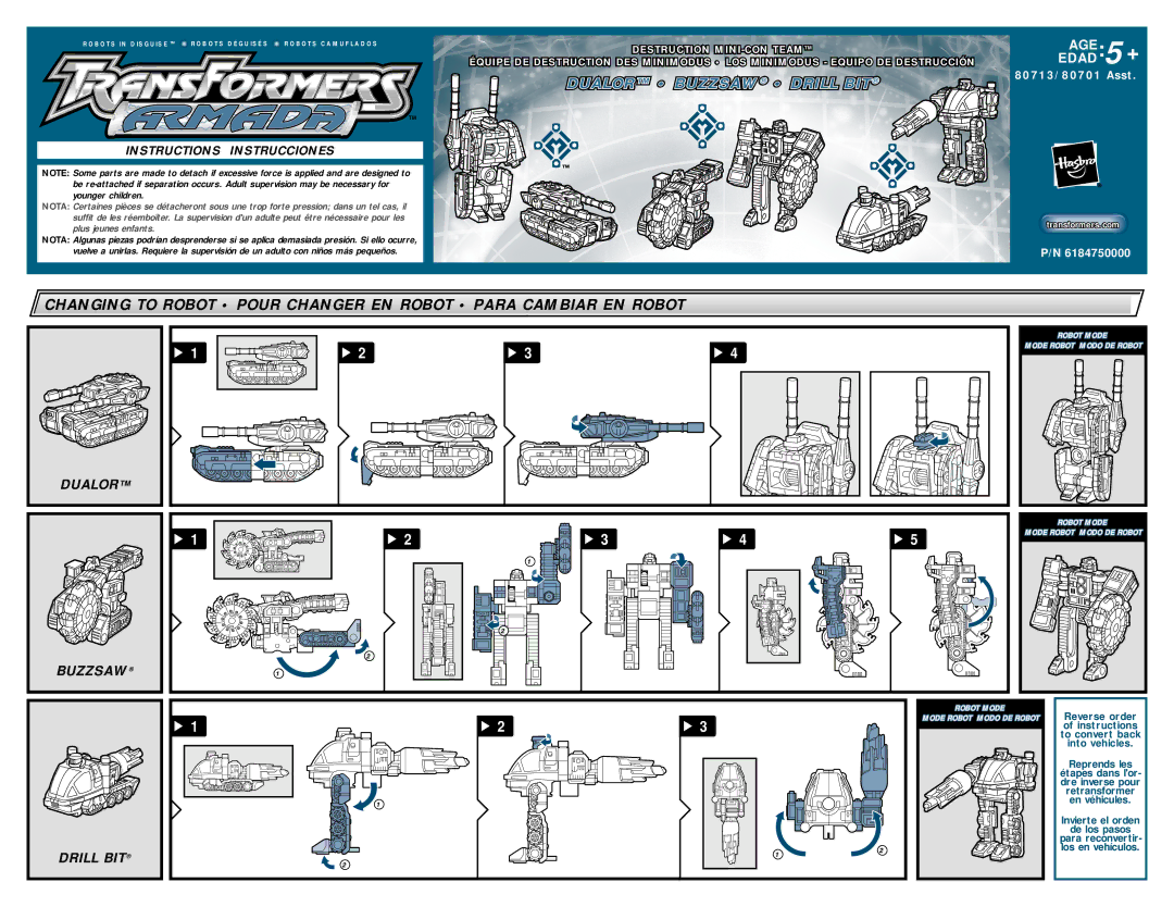 Hasbro 80713, 80701 manual Dualor TM Buzzsaw Drill BIT, Instructions Instrucciones 