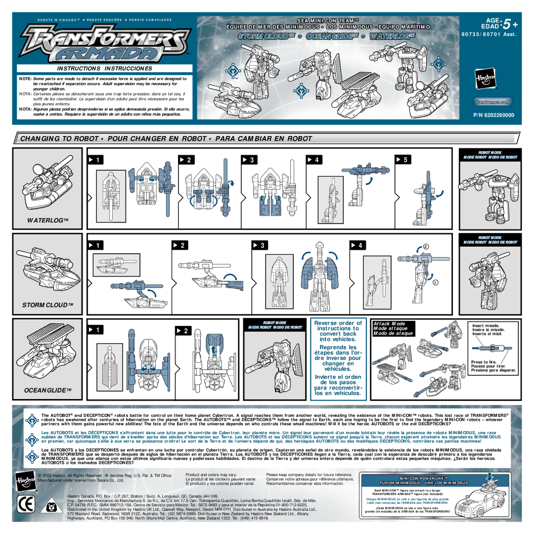 Hasbro 80735 manual Stormcloudtm Oceanglidetm Waterlogtm, Waterlog Stormcloud, Instructions Instrucciones 