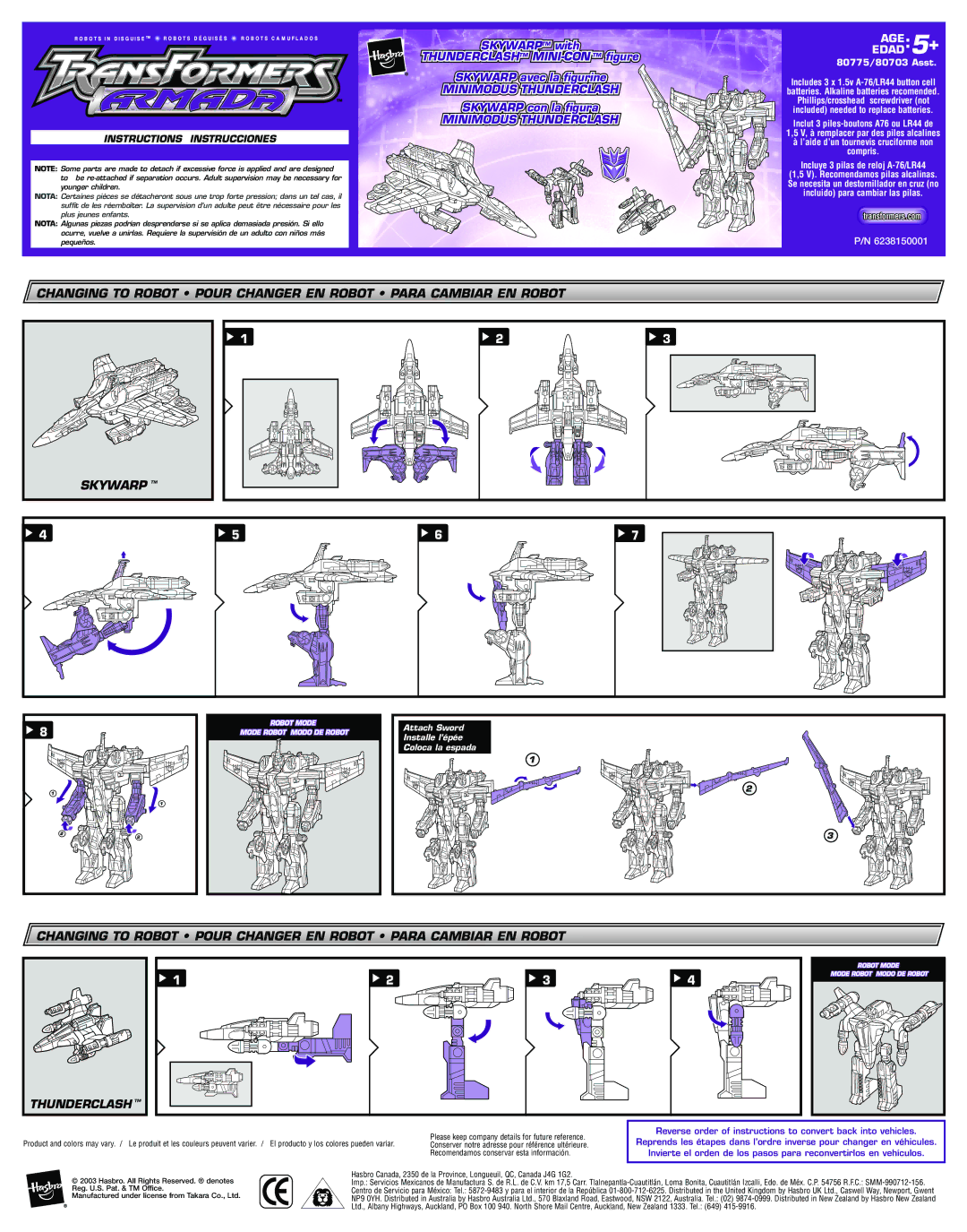 Hasbro manual 80775/80703 Asst, Incluye 3 pilas de reloj A-76/LR44 