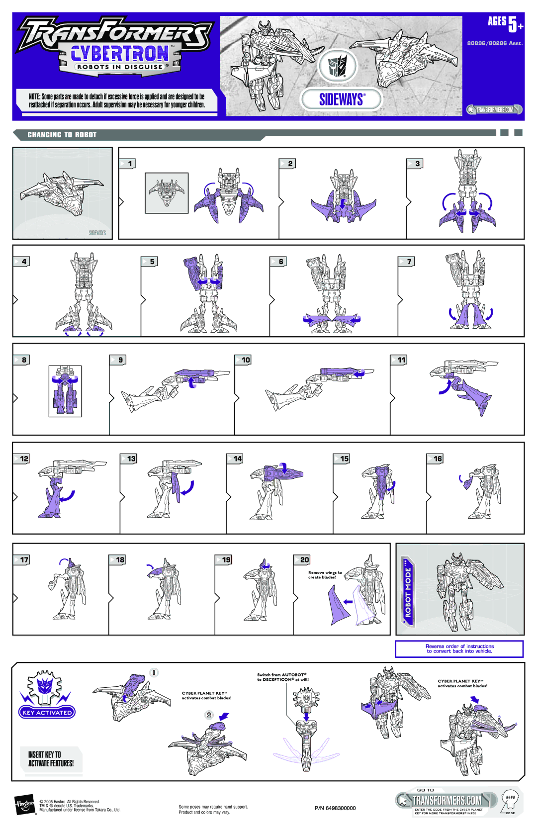 Hasbro 80286, 80896 manual Sideways, Robot Mode, Robots in Disguise, Insert KEY to Activate Features 