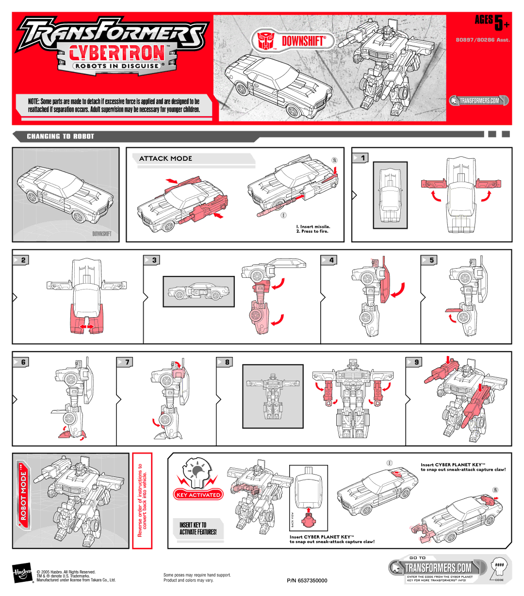 Hasbro 80897 manual Downshift, Ages 5+, Attack Mode, KEY Activated 