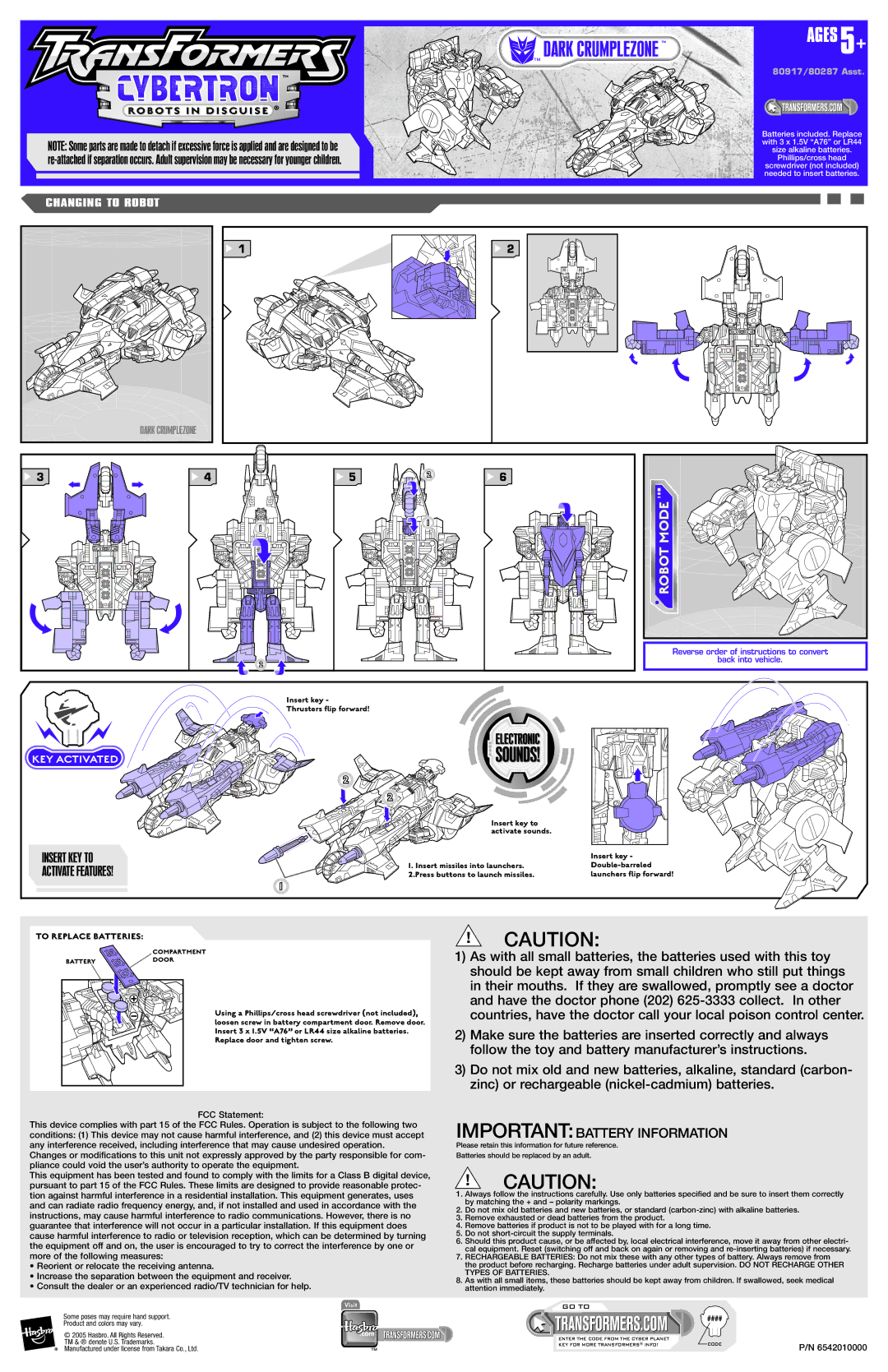 Hasbro 80287, 80917 manual Dark Crumplezone, KEY Activated, Importantbattery Information, To Replace Batteries, Ages 