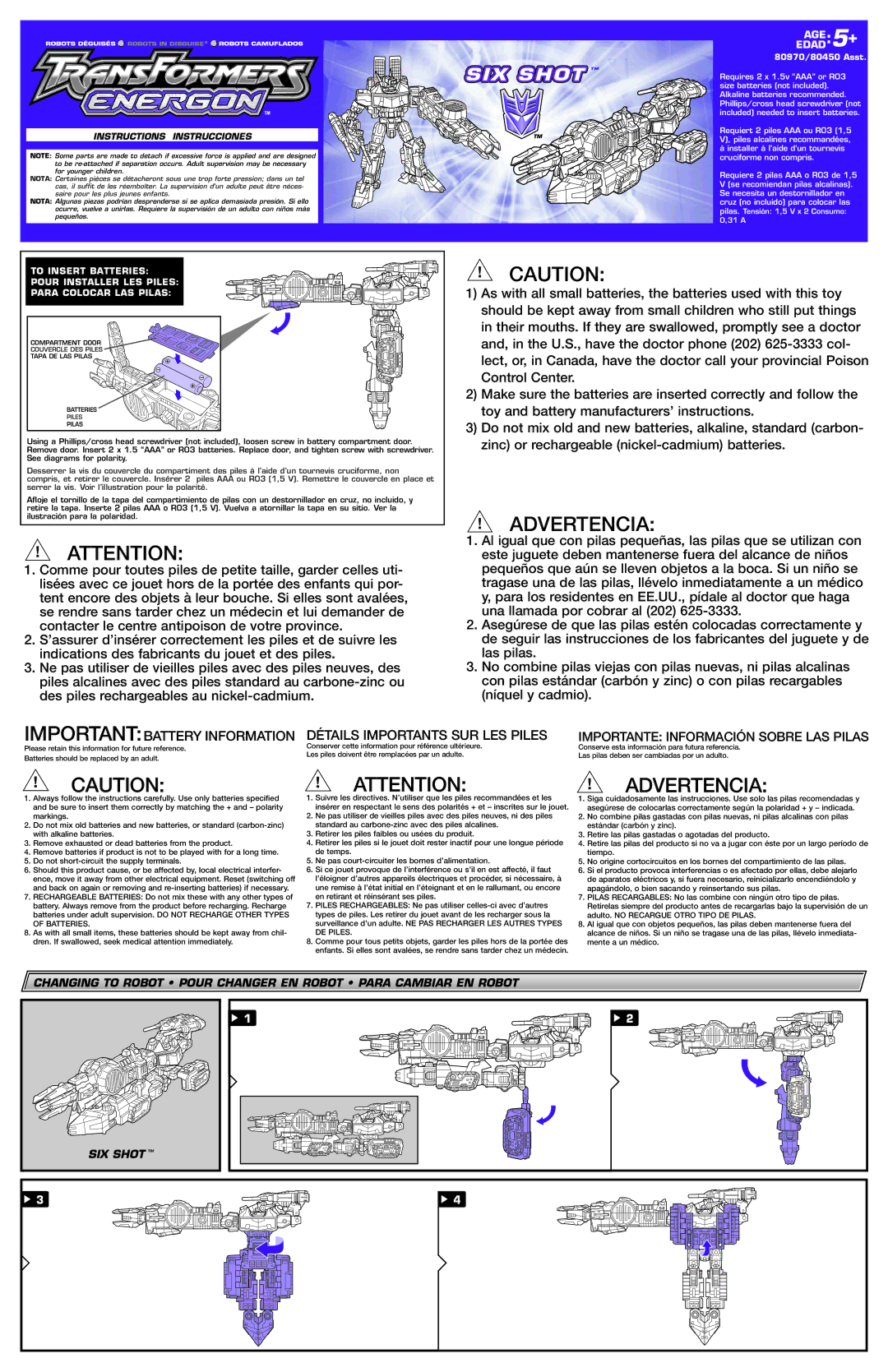Hasbro 80450, 80970 manual Importantbattery Information, Détails Importants SUR LES Piles 