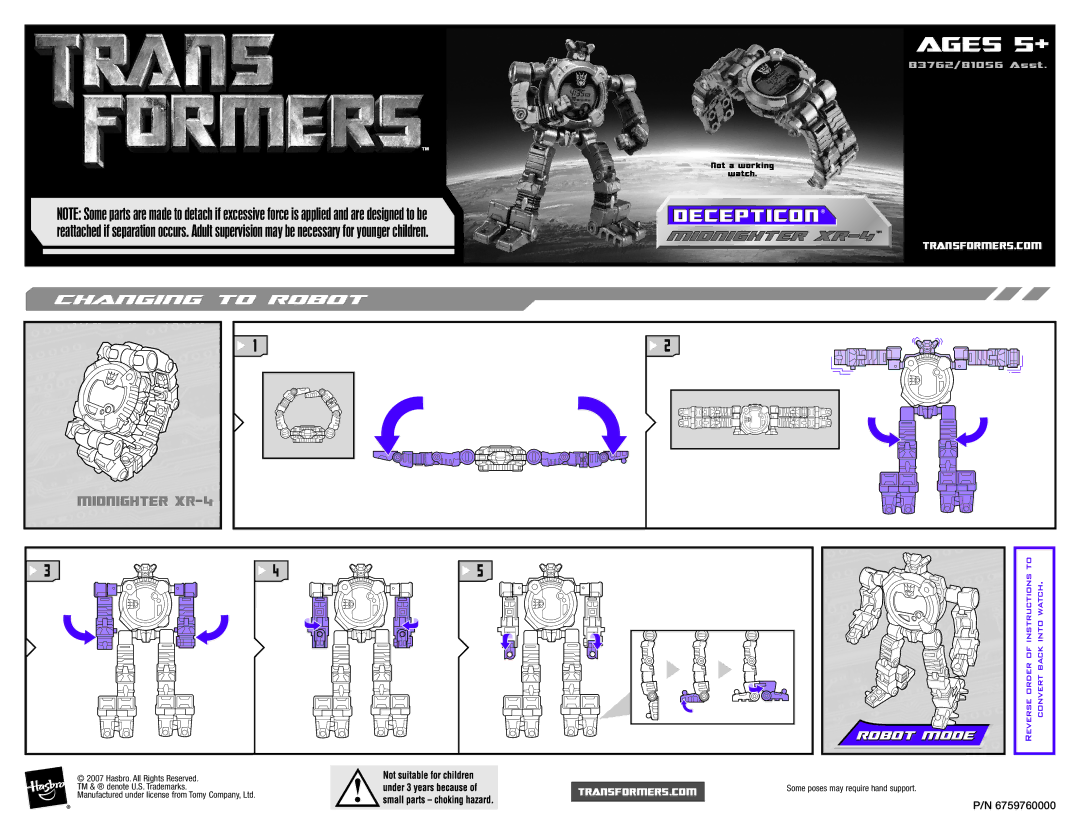 Hasbro 83762, 81056 manual Ages 5+, Decepticon, Midnighter XR-4, Robot Mode 