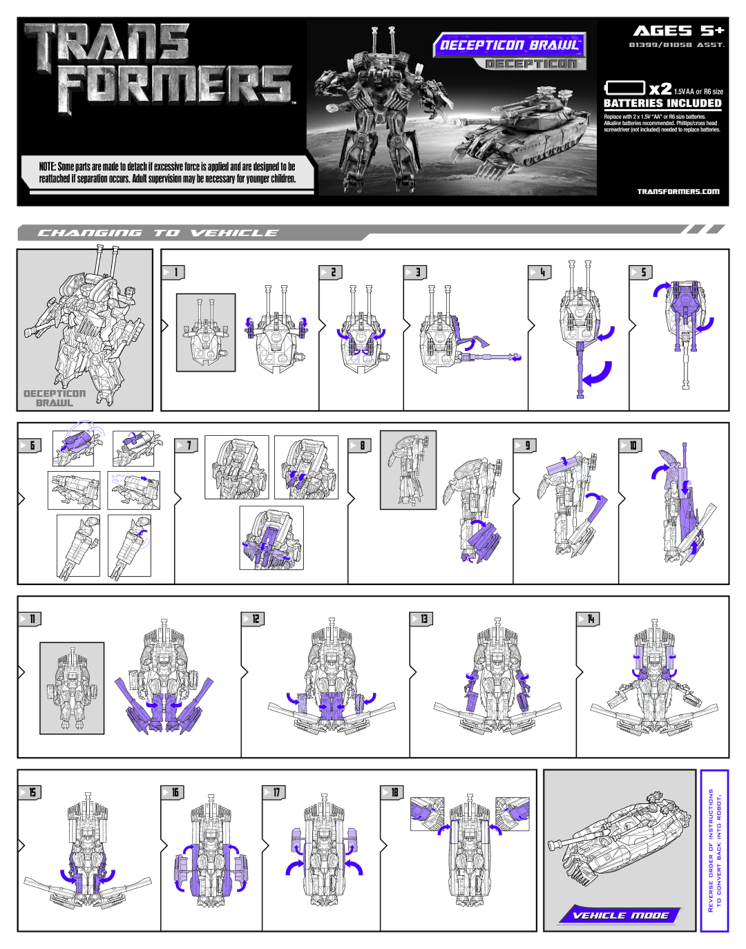 Hasbro 81399, 81058 manual Ages 5+, Decepticon Brawl, Vehicle Mode 