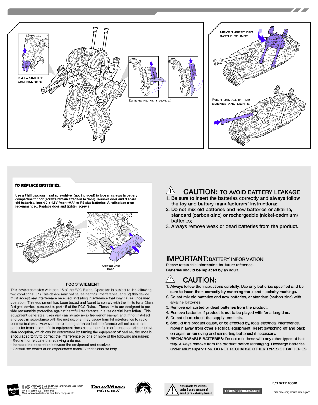 Hasbro 81058, 81399 manual Importantbattery Information, To Replace Batteries, FCC Statement 