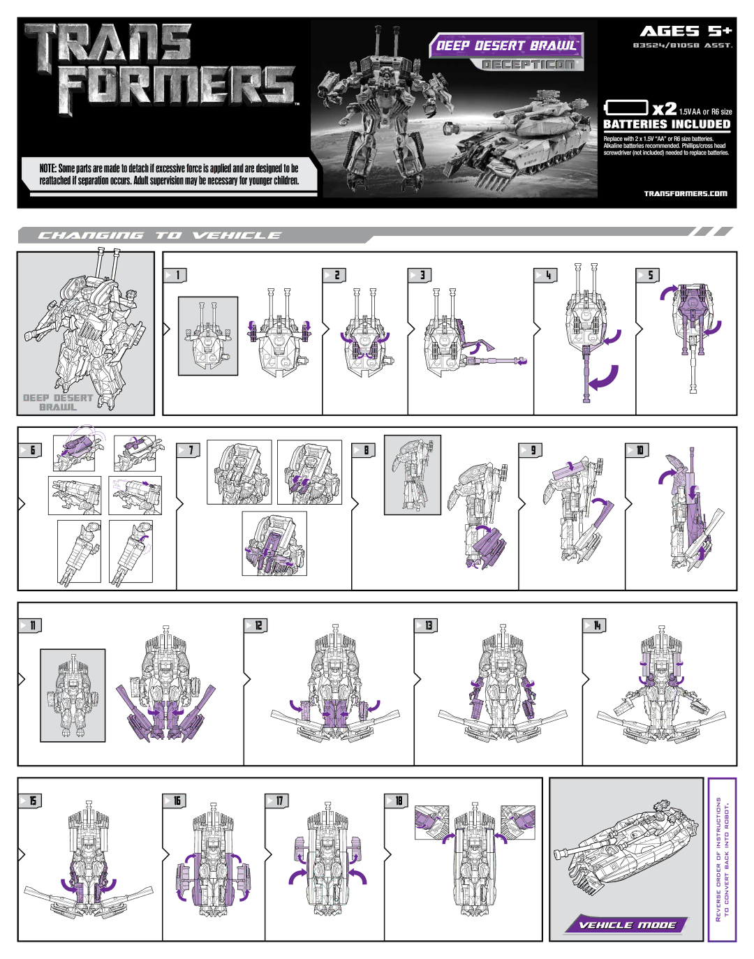 Hasbro 83524, 81058 manual Ages 5+, Deep Desert Brawl, Decepticon, Vehicle Mode 