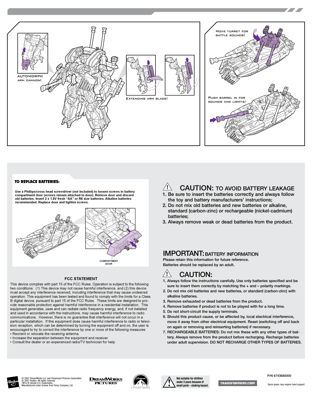 Hasbro 81058, 83524 manual Importantbattery Information, To Replace Batteries, FCC Statement 