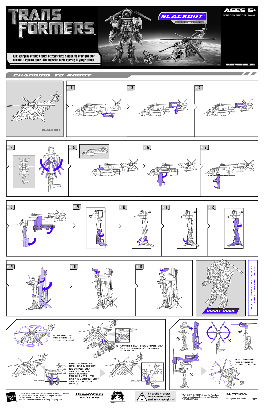 Hasbro 81060 Asst manual Ages 5+, Blackout, Robot Mode, TM & denote U.S. Trademarks 