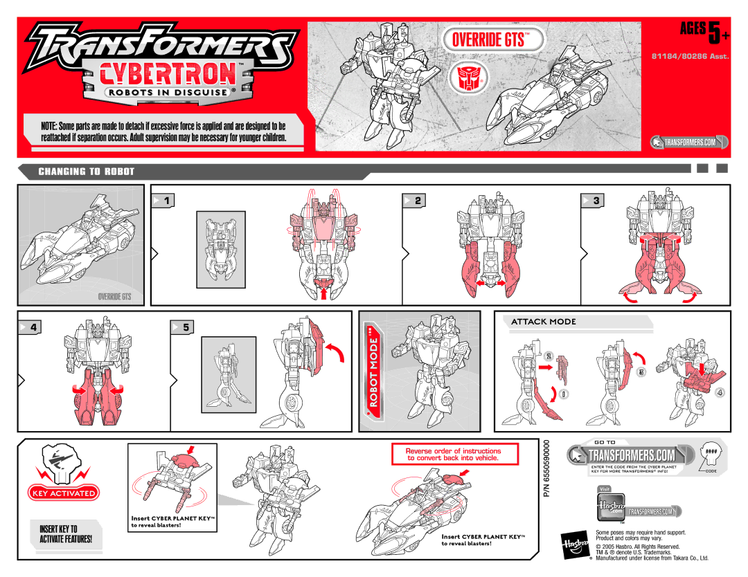 Hasbro 80286, 81184 manual Override GTS, Ages 5+, Robot Mode, Attack Mode, KEY Activated 