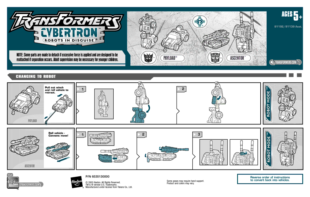 Hasbro 81139, 81192 manual Ages 5+, Robots in Disguise, Robot Mode, Reverse order of instructions 