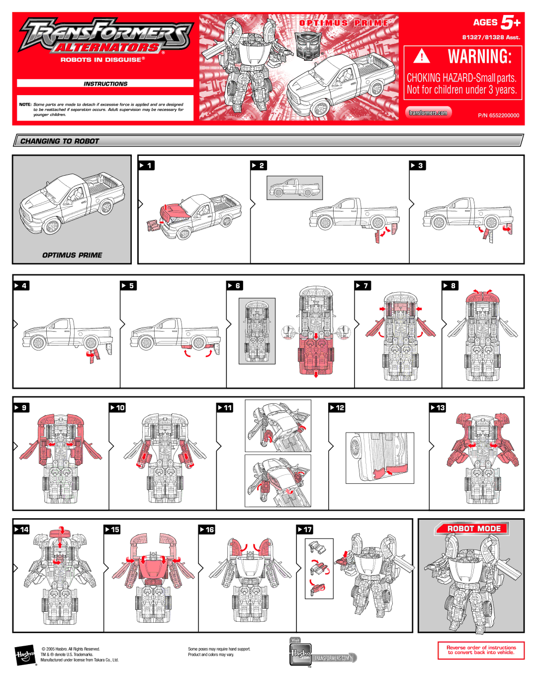 Hasbro 81327 manual AGES5+, Choking HAZARD-Small parts. Not for children under 3 years, Optimus Prime, Robot Mode 