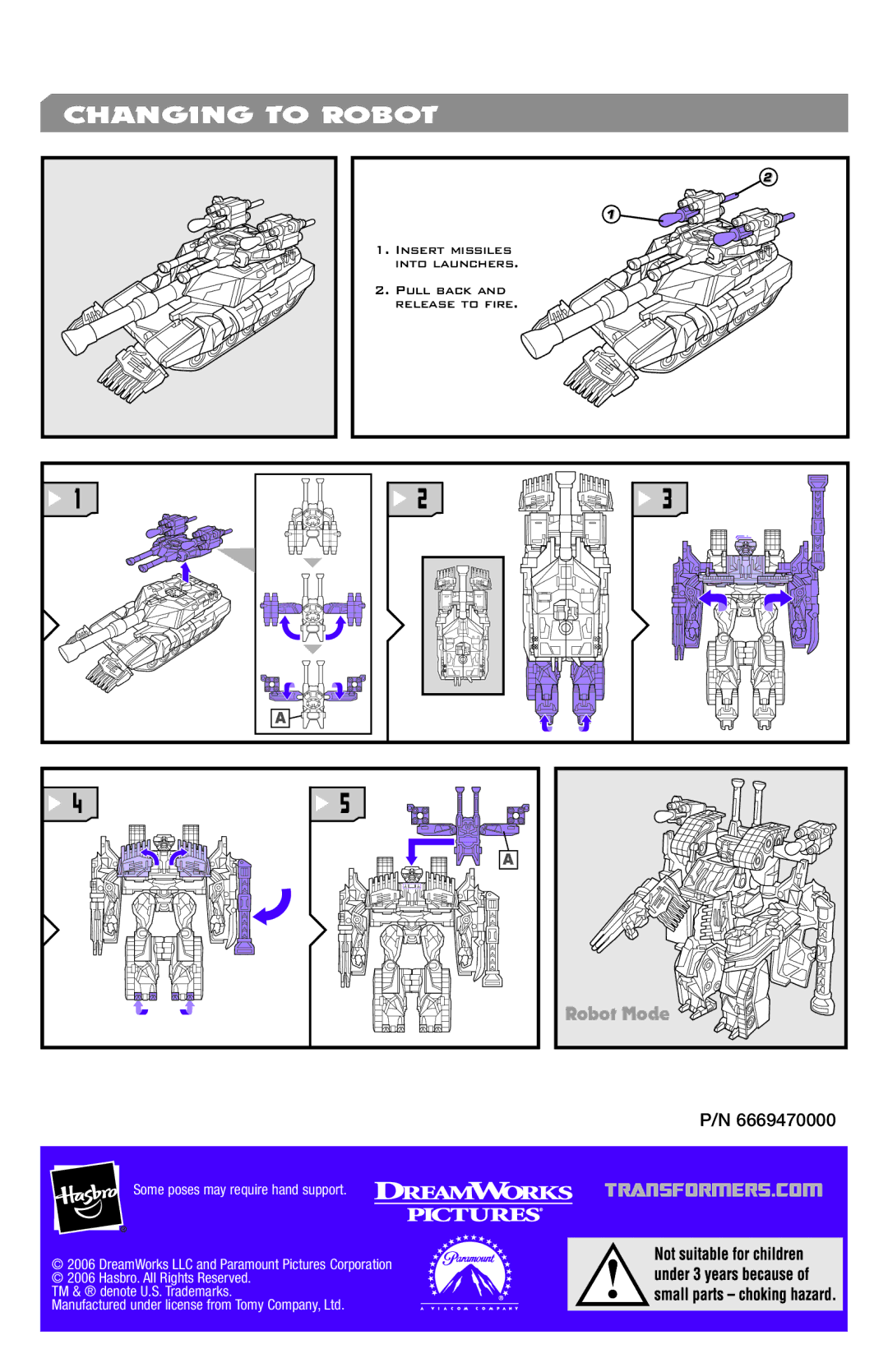 Hasbro 82434/82414 manual Changing to Robot, Transformers.Com 