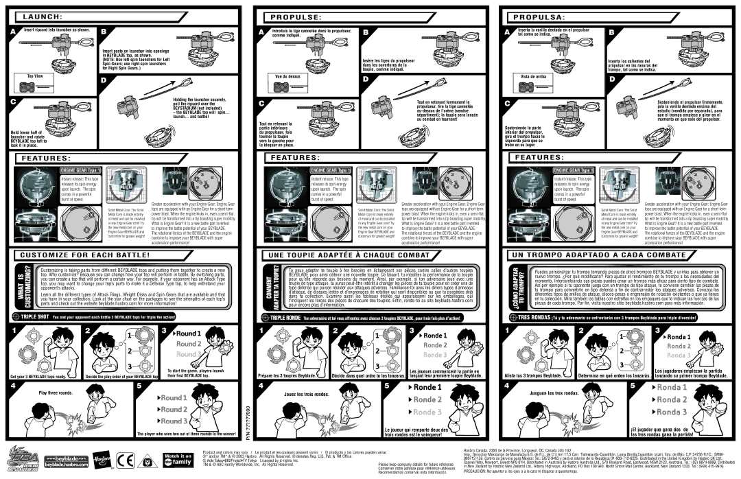 Hasbro 82656 manual Launch Propulse Propulsa, Features, Customize for Each Battle, UNE Toupie Adaptée À Chaque Combat 