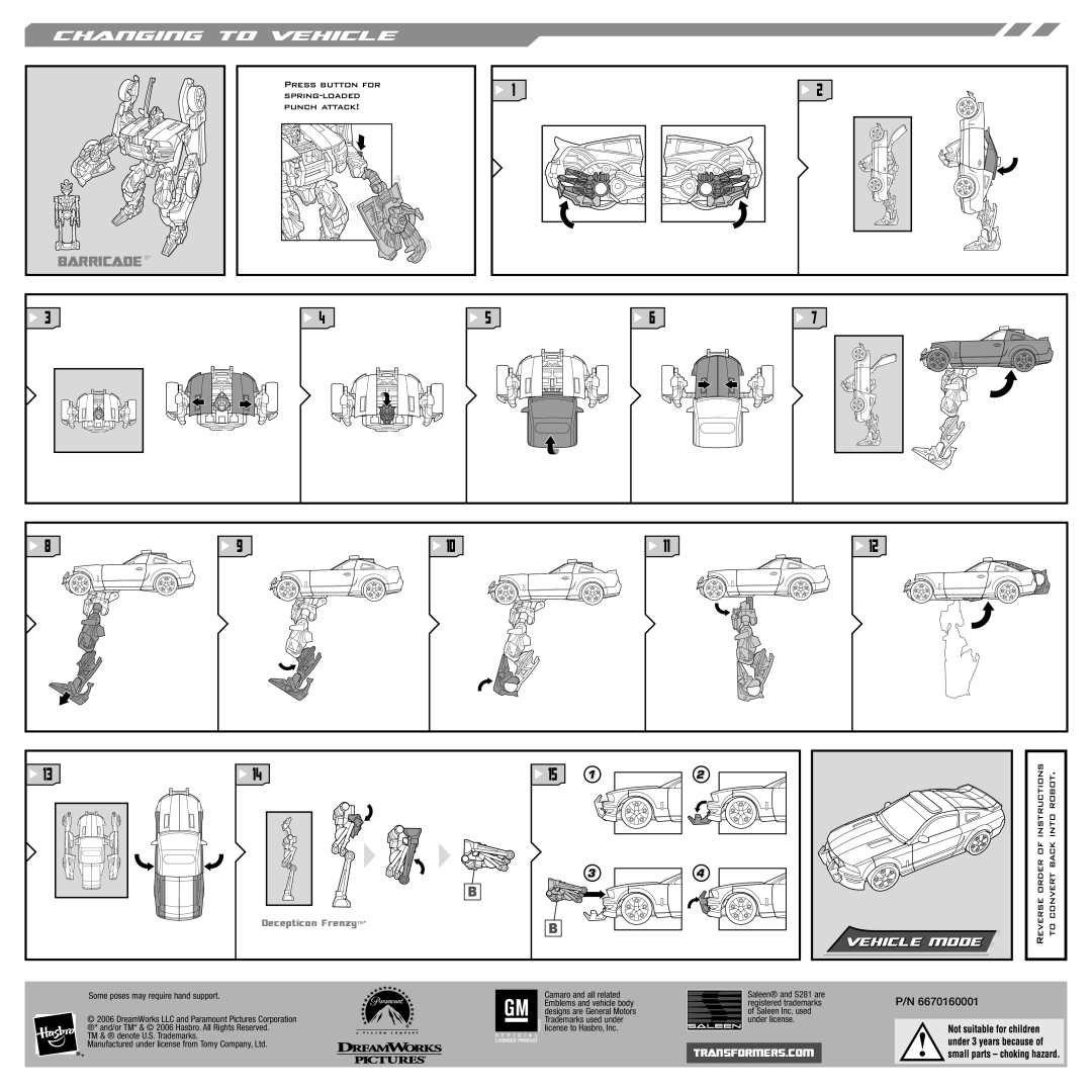 Hasbro 82993 Barricade, Press Button for Spring -LOADED Punch Attack, Instructions Into Robot, TM & denote U.S. Trademarks 