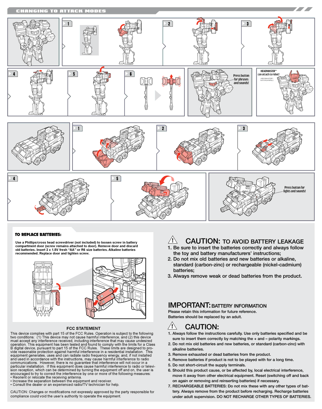 Hasbro 83501, 83638 manual Importantbattery Information, Changing to Attack Modes, To Replace Batteries, FCC Statement 