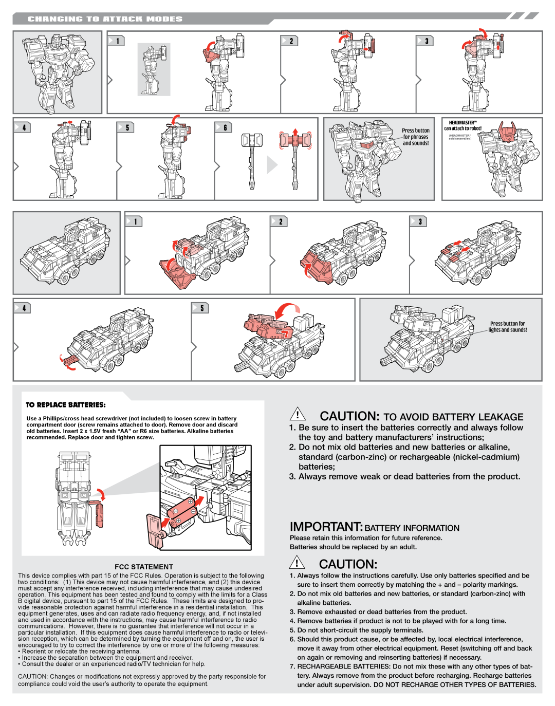 Hasbro 83501 manual Changing To Attack Modes, Caution To Avoid Battery Leakage, Importantbattery Information, Fcc Statement 