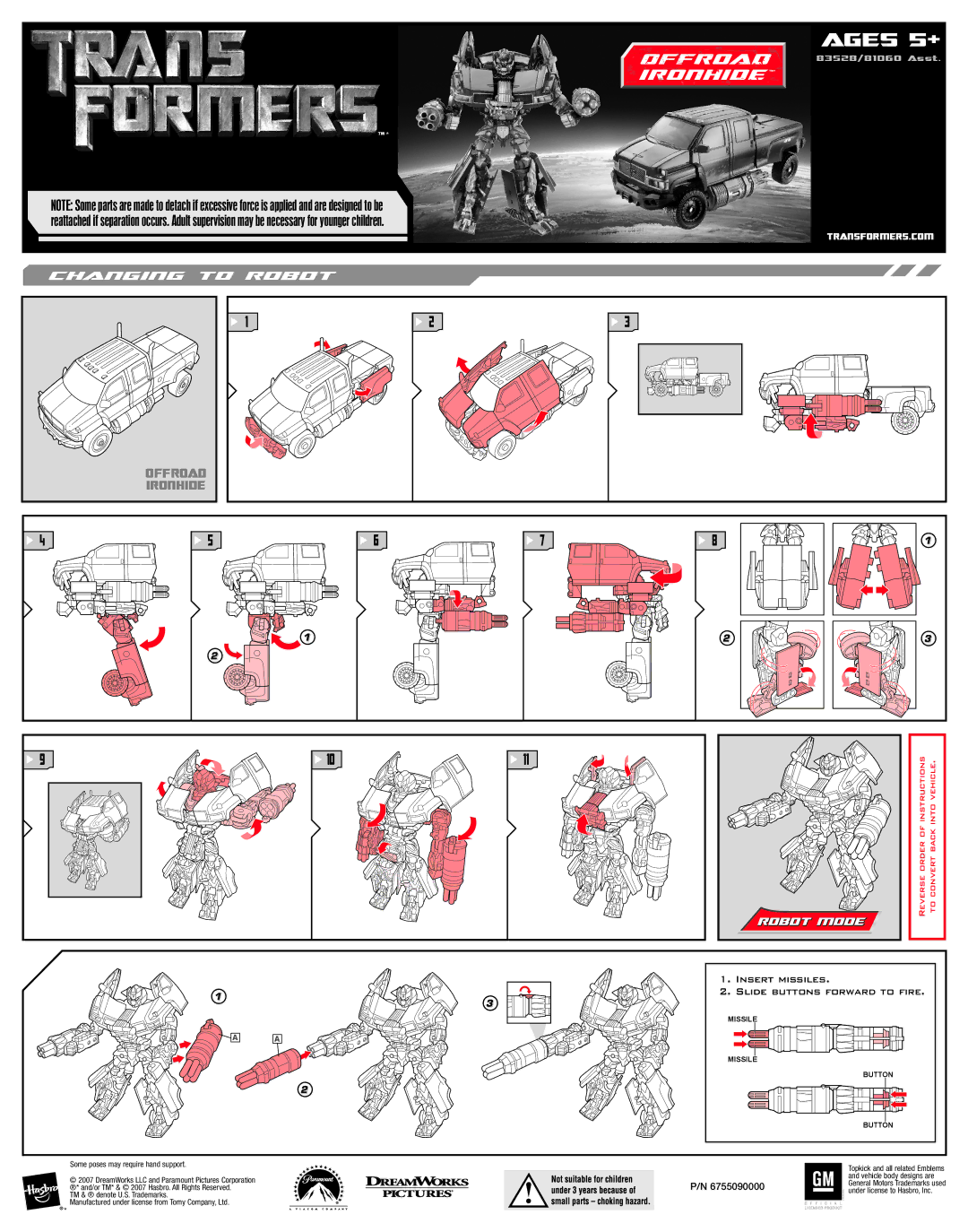 Hasbro 83528/81060 manual Ages 5+, Offroad Ironhide, Robot Mode, Insert Missiles 