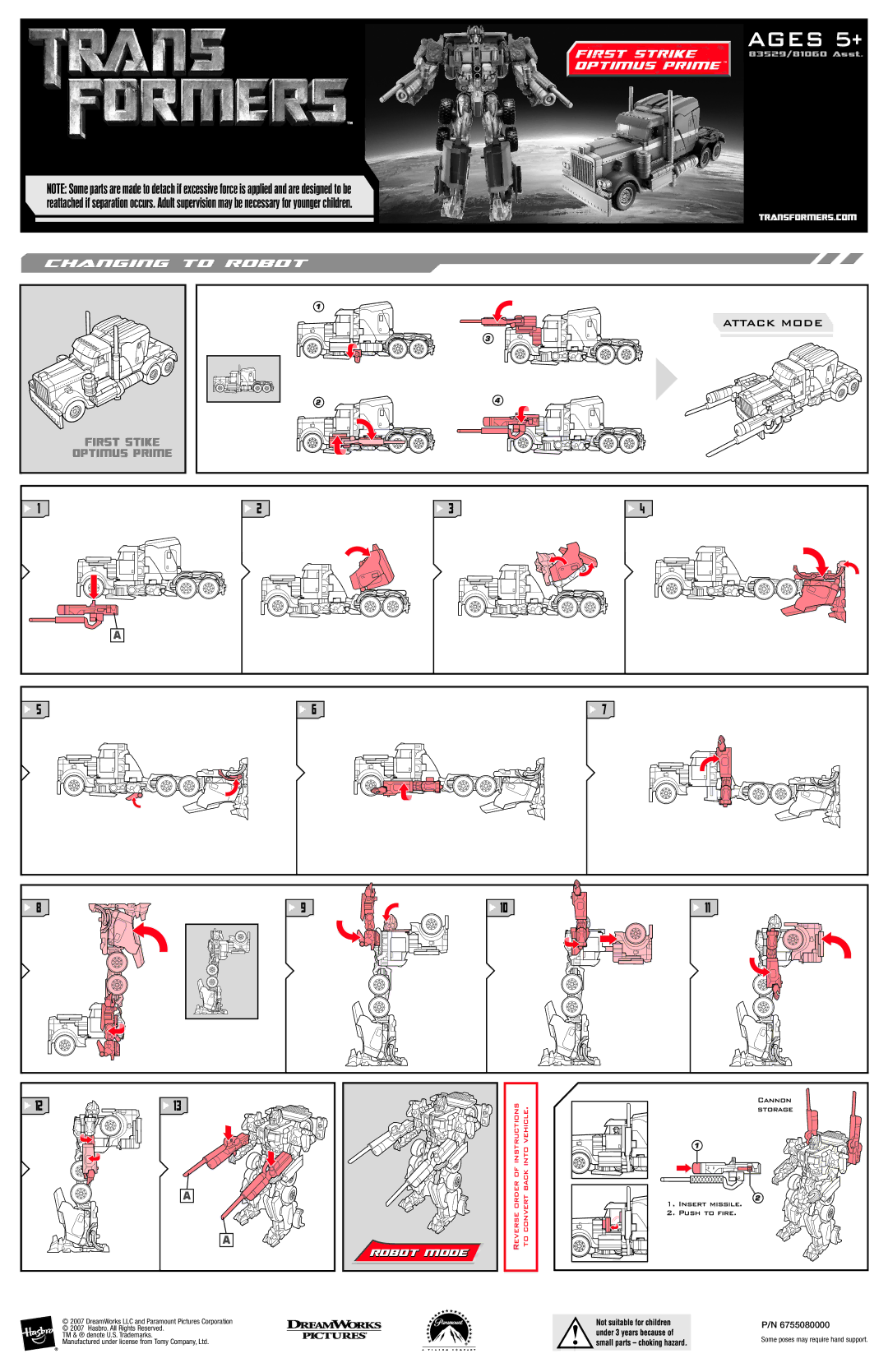 Hasbro 83529 manual Ages 5+, Changing to Robot, Attack Mode, First Stike Optimus Prime, Robot Mode 