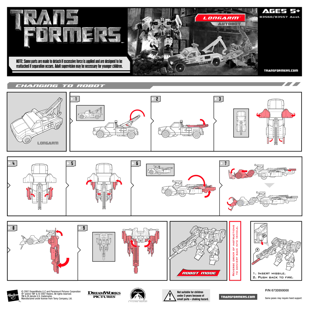 Hasbro 83560, 83557 manual Ages 5 +, Longarm, Robot Mode, Insert Missile 