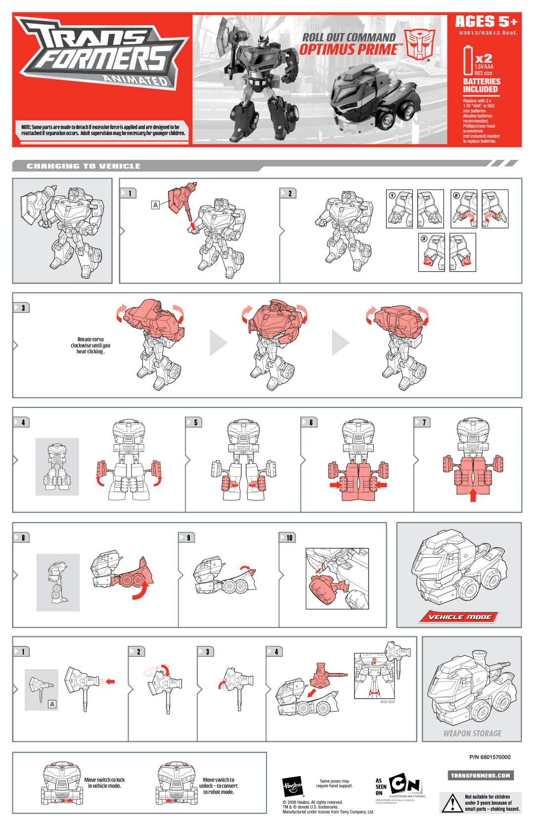 Hasbro 83613, 83612 manual Ages 5+, Weapon Storage, Changing to Vehicle, Vehicle Mode, Seen 