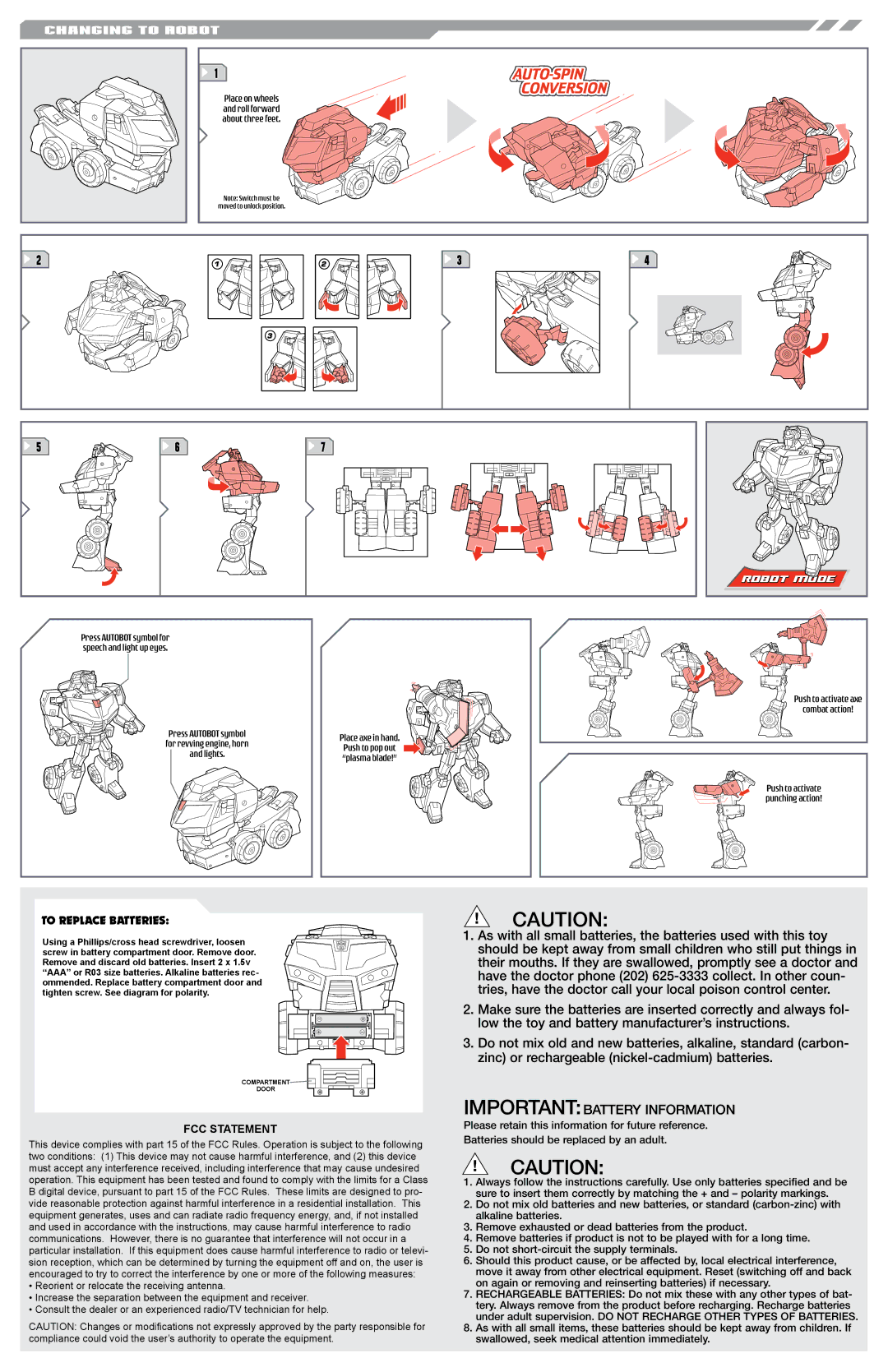 Hasbro 83612, 83613 manual Importantbattery Information, Changing to Robot, To Replace Batteries, Robot Mode, FCC Statement 