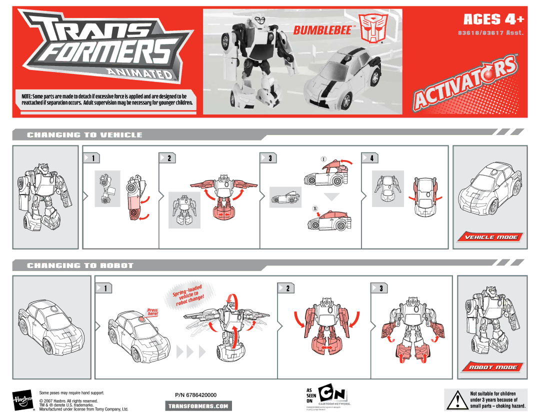 Hasbro 83618, 83617 manual Ages 4+, Changing to Vehicle, Changing to Robot 