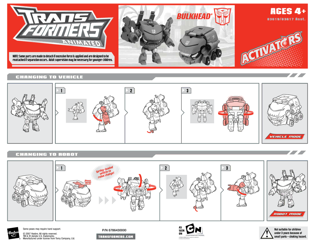 Hasbro 83619/83617 manual Ages 4+, Changing to Vehicle, Changing to Robot 