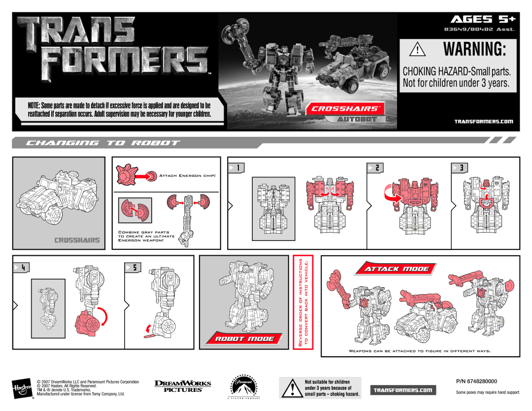 Hasbro 83649/80402 manual Ages 5+, Crosshairs, Attack Mode Robot Mode, Reverseorder Toconvert Back 