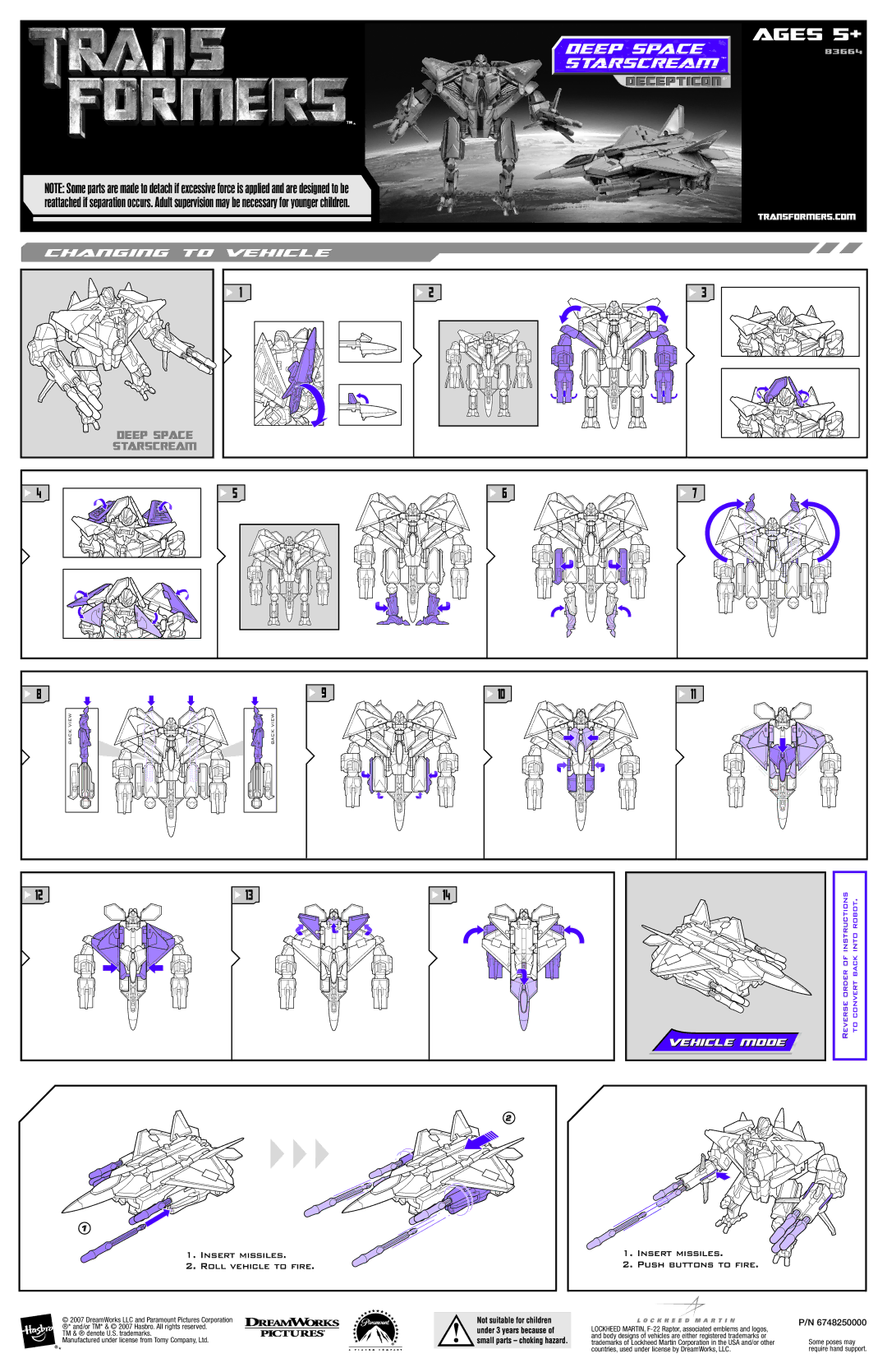 Hasbro 83664 manual Ages 5 +, Deep Space, Starscream, Decepticon, Changing to Vehicle 