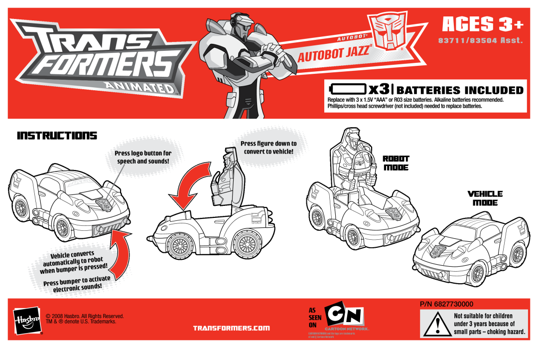 Hasbro manual AGES 3+, Instructions, Jazz, Robot Mode Vehicle Mode, 83711/83504 Asst, Transformers.Com On, converts 